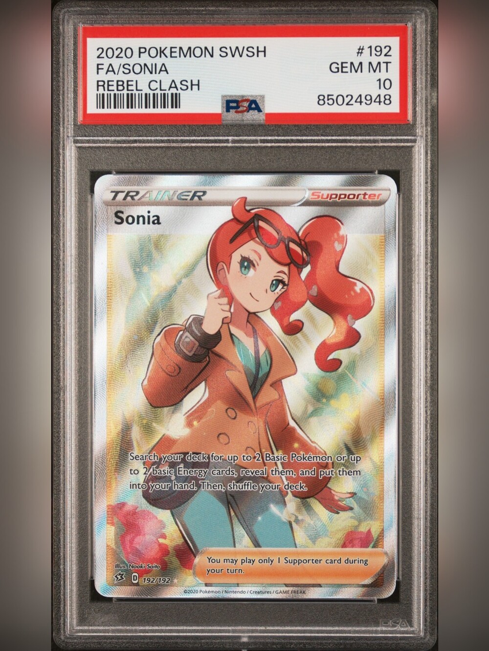PSA 10 Sonia Full Art 192/192 Rebel Clash Pokémon Card